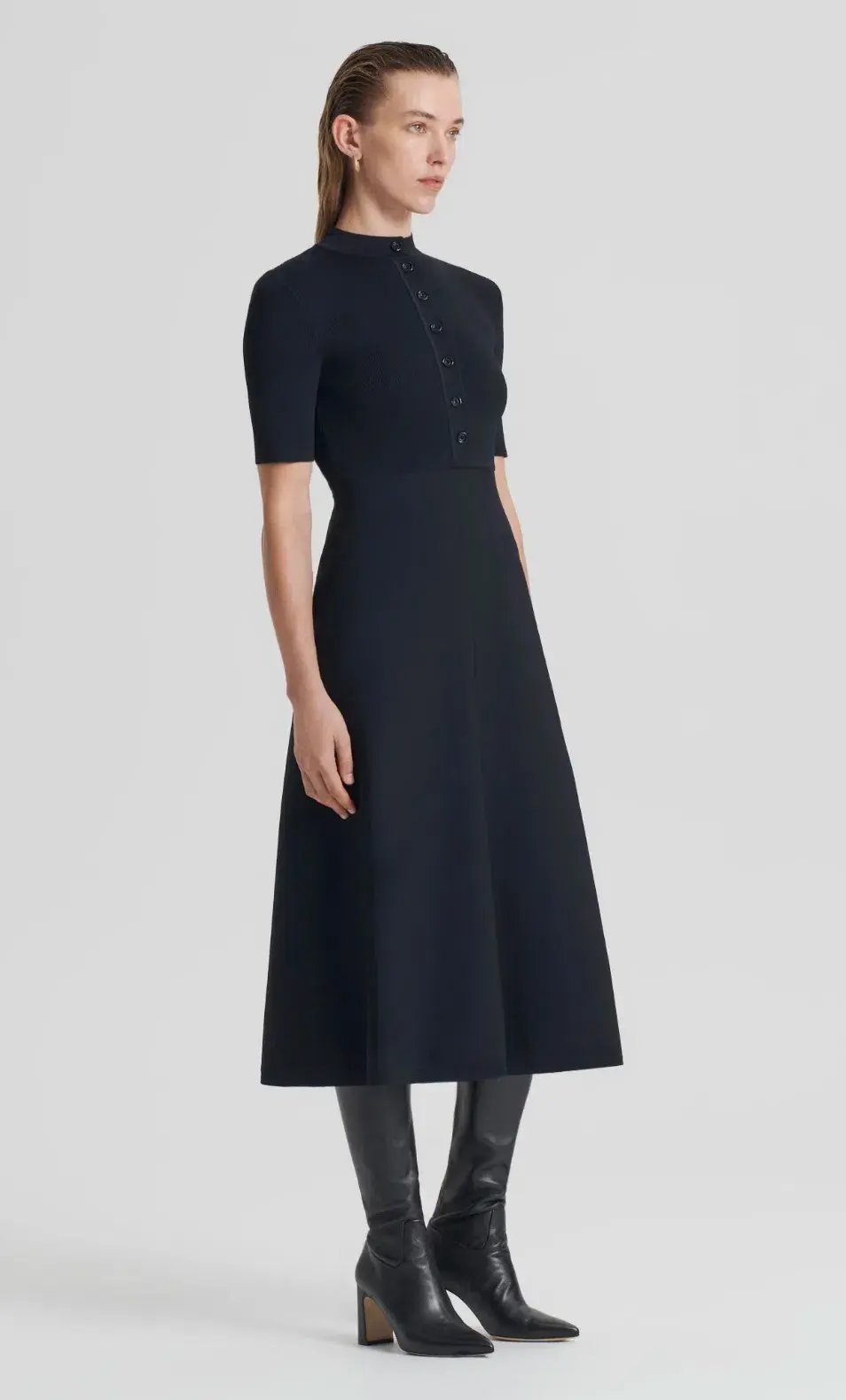 Scanlan Theodore Crepe Knit Short Sleeve Button Midi Dress Black Size S / Au 8 photo 2