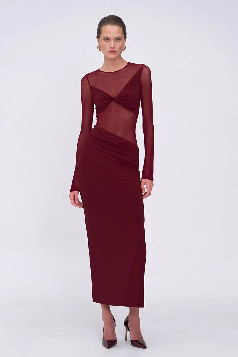 Suboo Auguste Long Sleeve Mesh Jersey Maxi Dress - Bordeaux photo 3