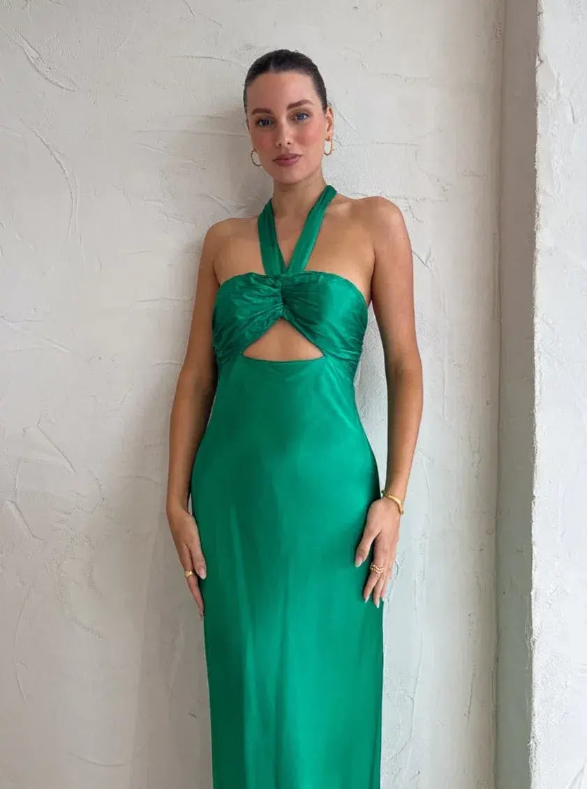 Shona Joy Lana Ruched Halter Midi Dress Tree Green Size 8 photo 3
