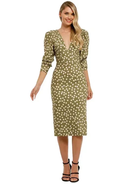 By Johnny Peach Polka V Plunge Midi Dress Olive Peach Size 8 photo 2