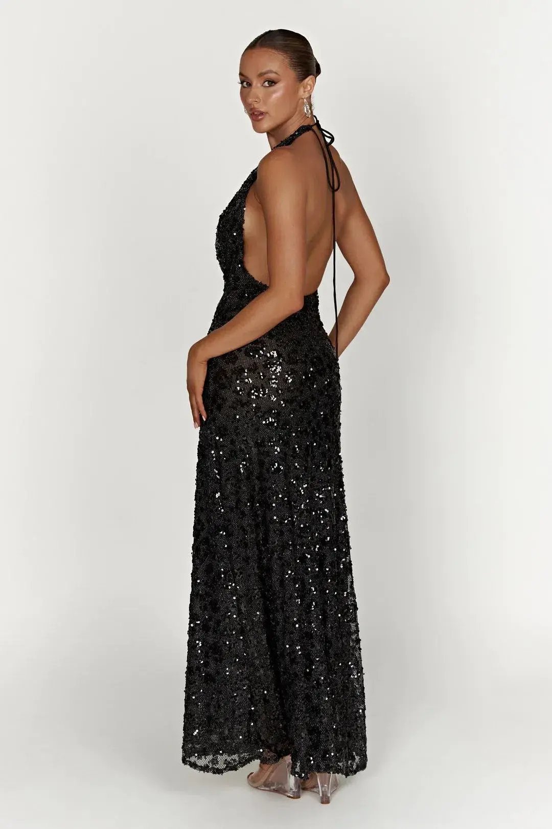 Meshki Nicola Plunge Neck Sequin Maxi Black Size M/AU 10 photo 3