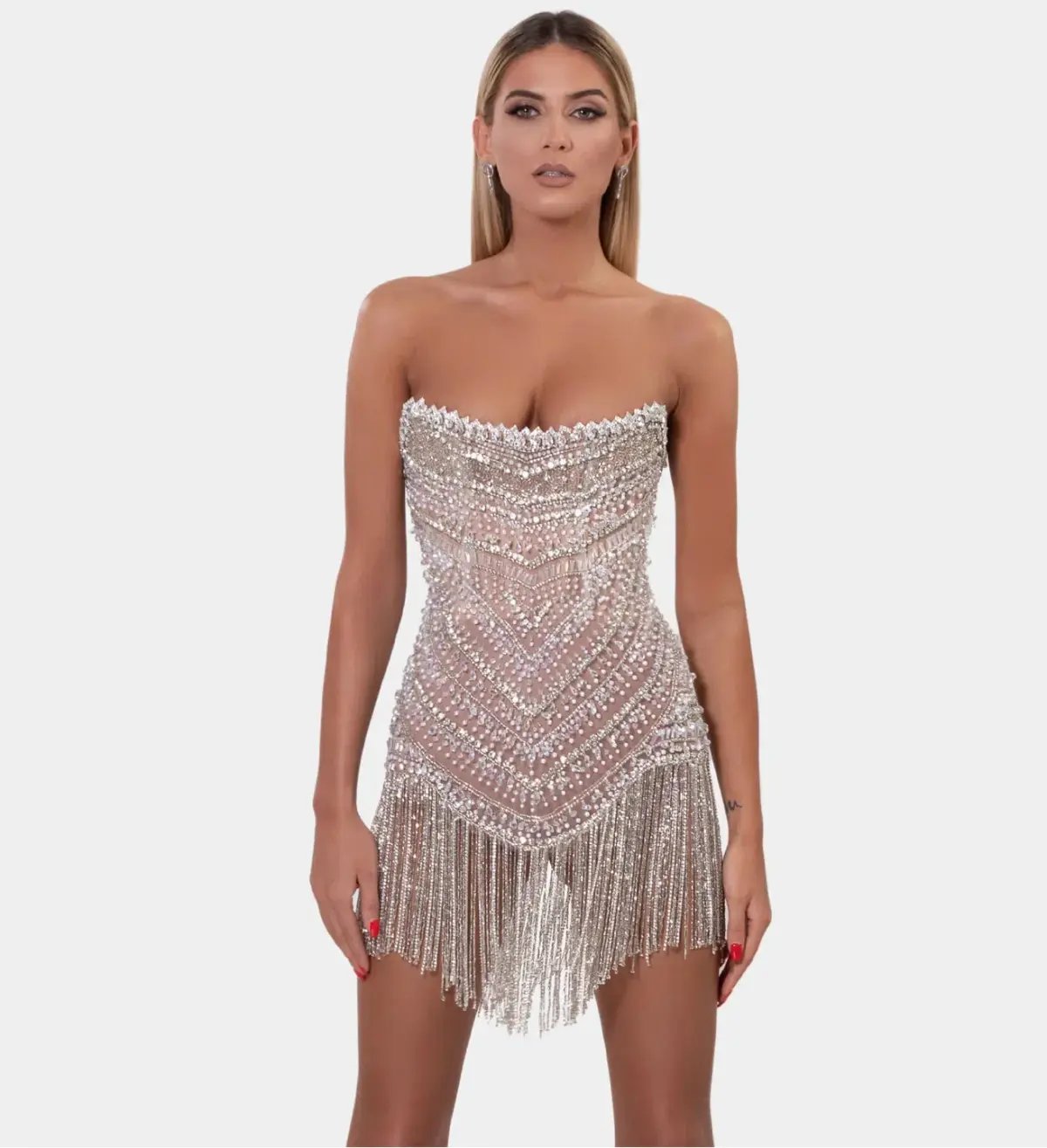 Albina Dyla Mini Silver/nude Corset Tassel Dress Silver/Nude Size 10 photo 2