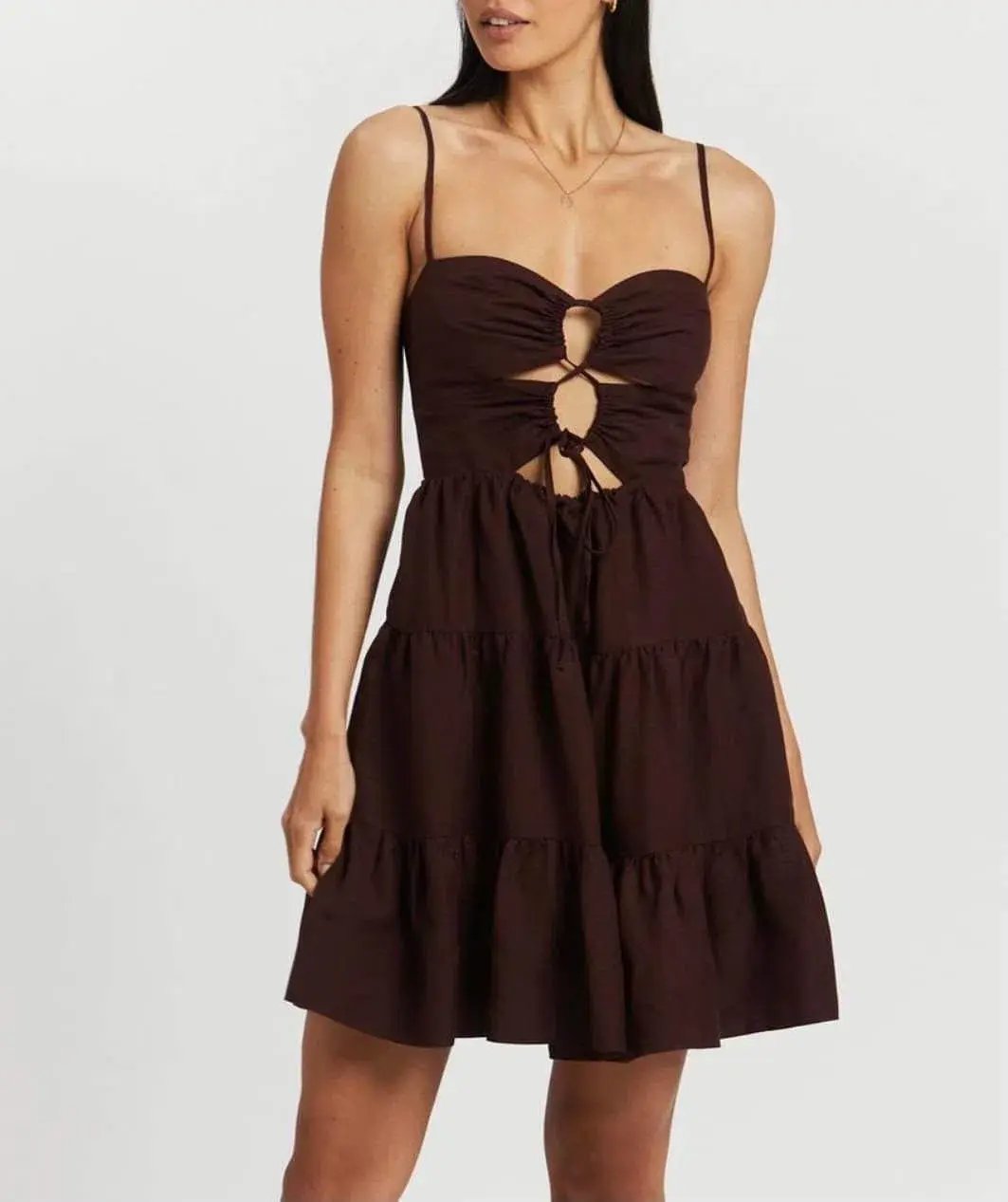 Shona Joy Rubi Lace Up Mini Dress in Cocoa Brown Size 10 photo 2