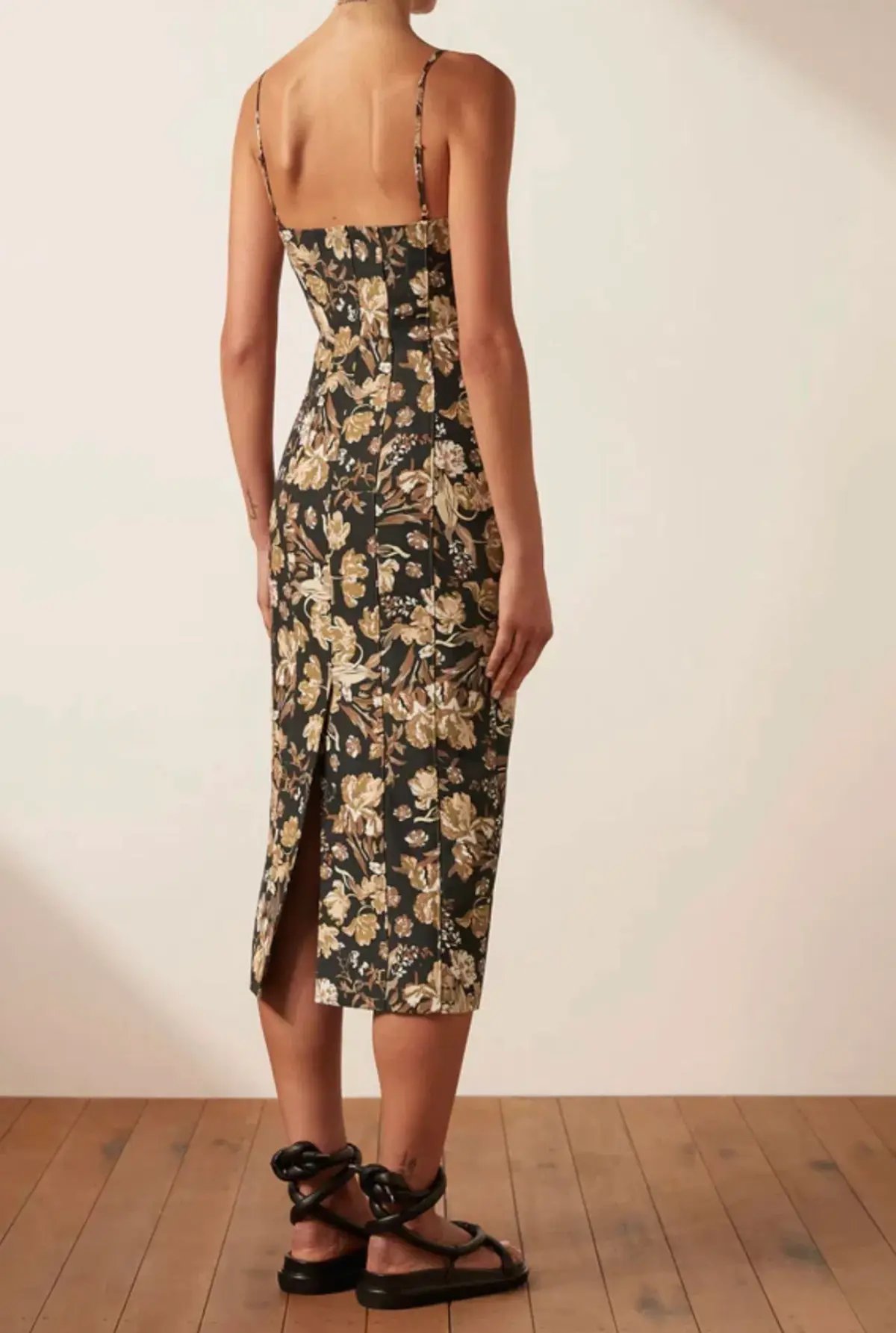 Shona Joy Palermo Linen Fitted Midi Dress Black/Multi Floral Size 10 photo 2