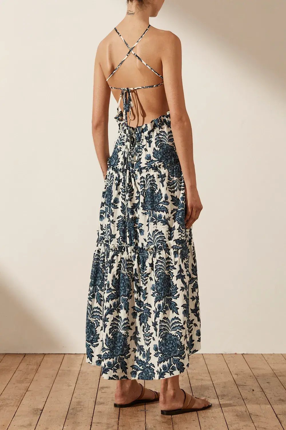 Shona Joy Diana Shirred Backless Midi Dress Print Size 6 photo 2