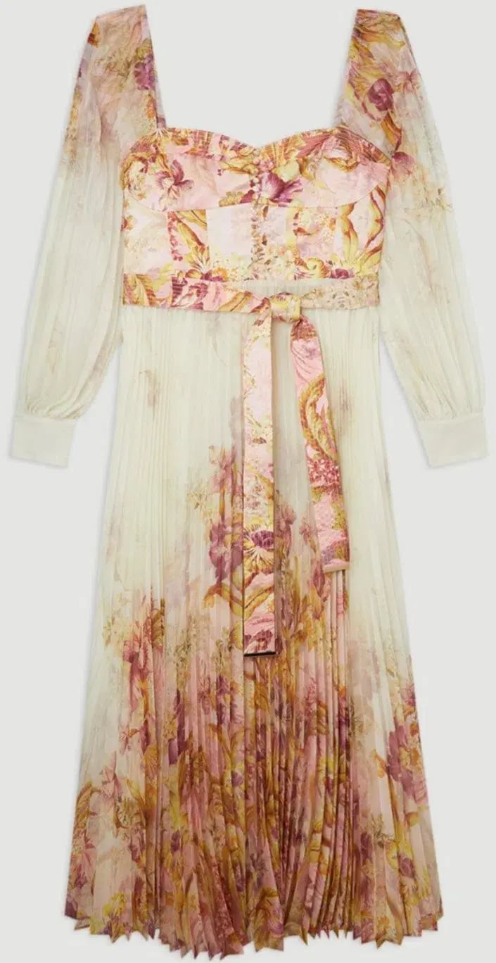 Karen Millen Border Print Floral And Satin Bodice Pleat Woven Maxi Dress Size AU 22 photo 4