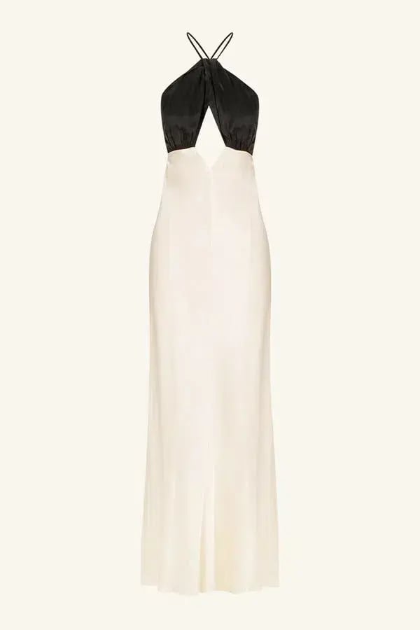 Shona Joy Lino Cross Back Halter Maxi Dress Cream Black Size 6 photo 5