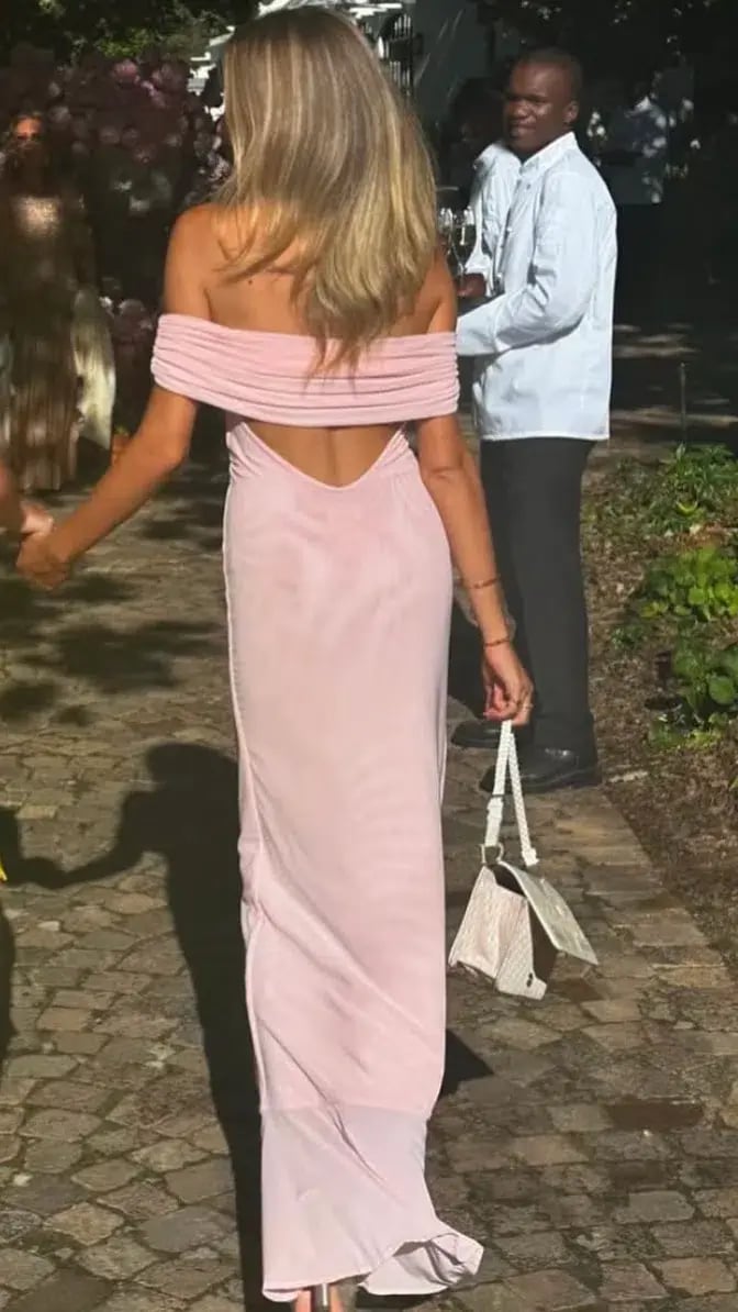 Meshki Audrey Off Shoulder Mesh Maxi Dress Pale Pink Size 6 photo 4