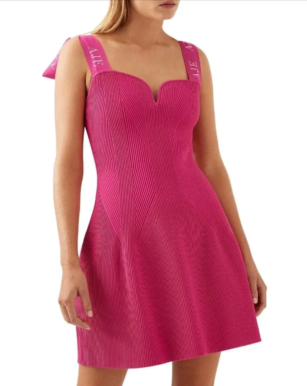 Aje Amber Knit Tie Shoulder Logo Mini Dress Pink Size L / AU 12 photo 3