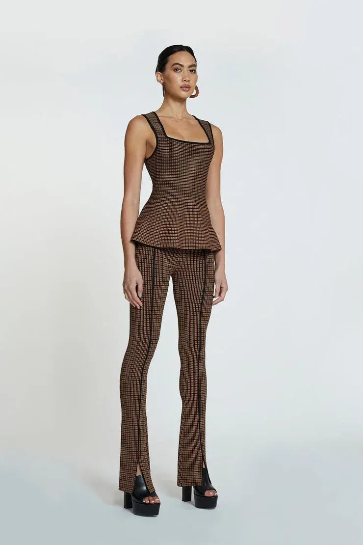 By Johnny Window Check Flare Top & Pant Set Brown/Black Size 8 photo 3