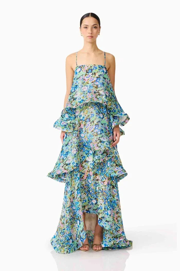 Elliatt Armani Tiered Maxi Dress In Blue Floral Size M photo 2