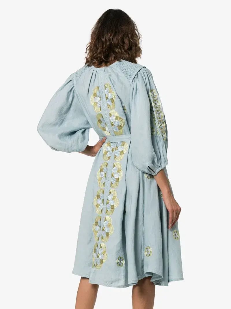 Innika Choo Sir Kulksware Blue Midi Smock Print Dress One Size photo 2