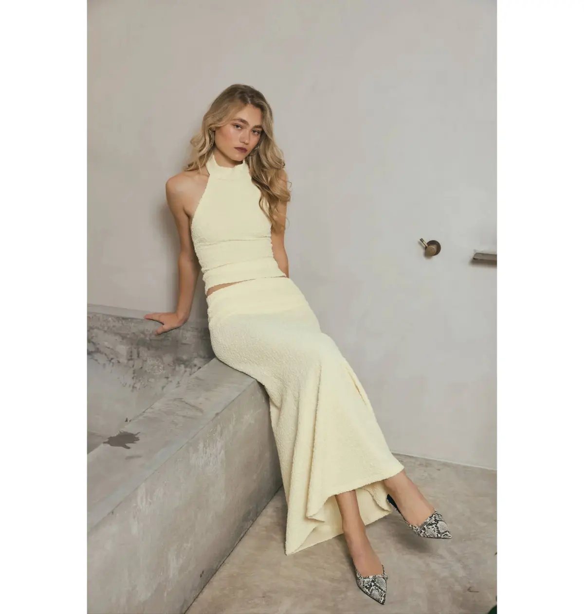 With Harper Lu Textured Halter Top and Maxi Skirt in Limoncello Set Size M / AU 10 photo 6