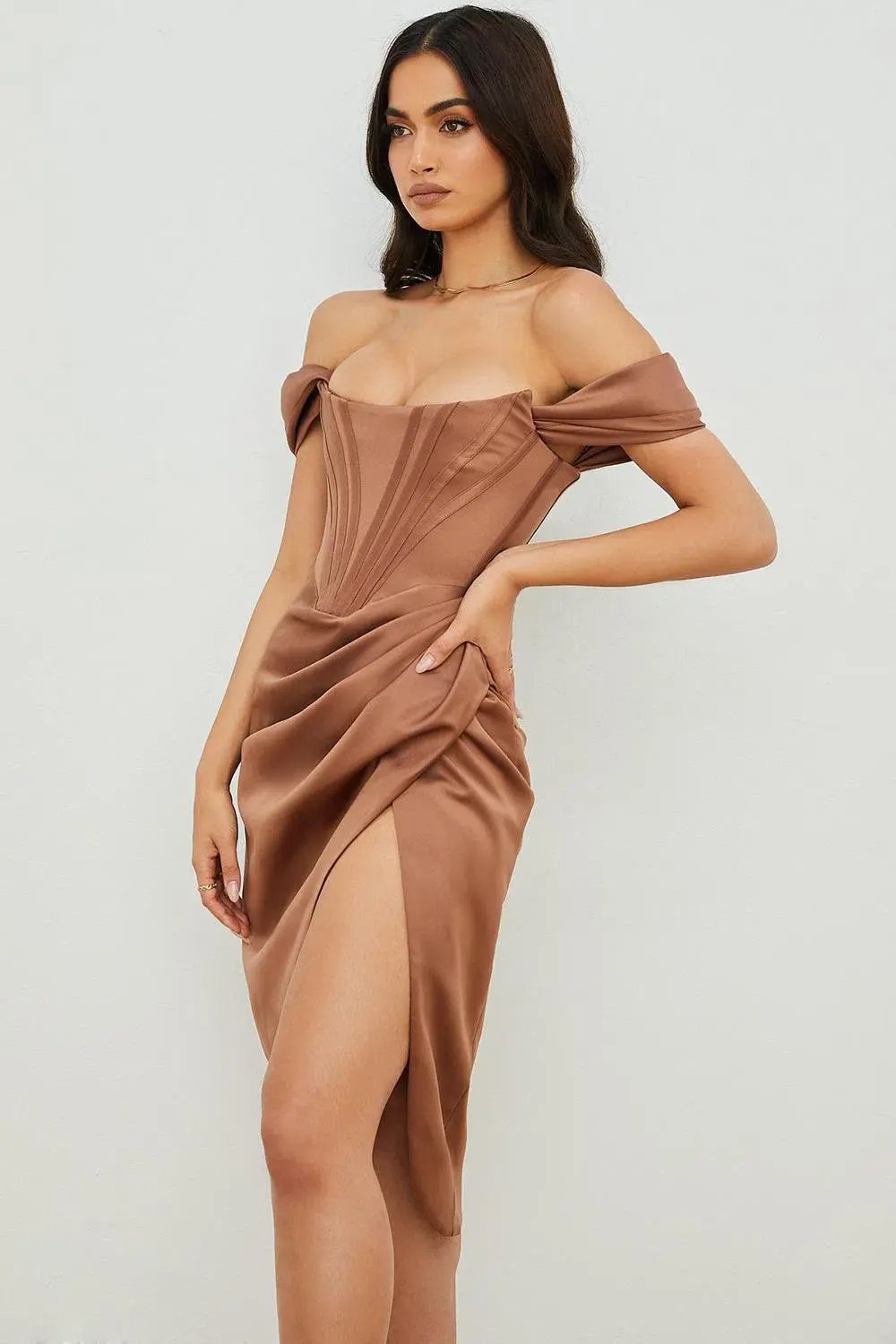 House of CB Loretta Satin Off Shoulder Midi Dress Brown Size XS / Au 6 photo 3