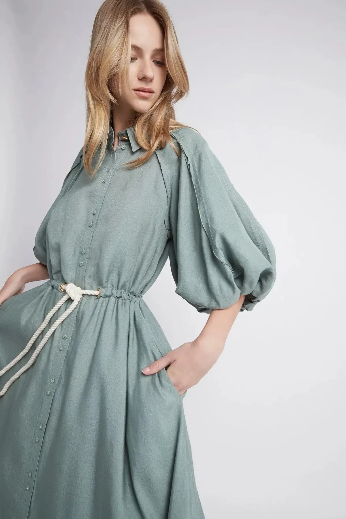 Aje Bonjour Belted Shirt Midi Dress Green Size 16 photo 2