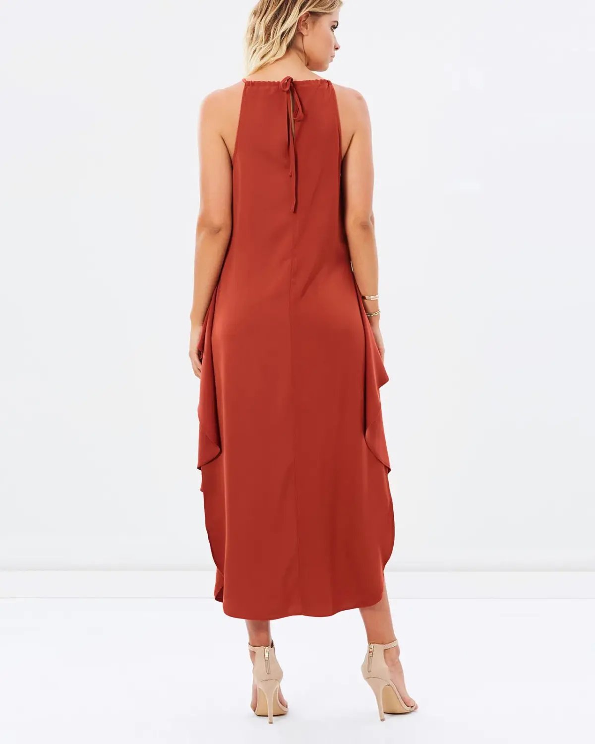 Shona Joy Voltaire Ruched Ruffle Midi Dress Rust Size 6 photo 3