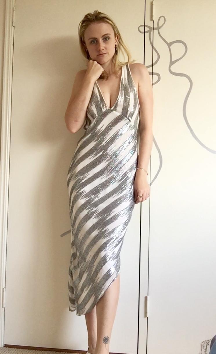Manning Cartell Sequin Midi Plunging Dress Silver White Size 6 photo 3