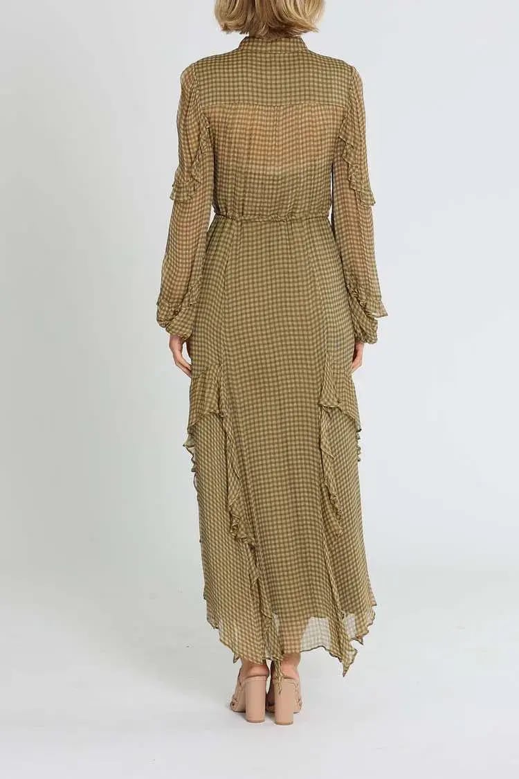 Shona Joy Eleonora Drawstring Frill Midi Dress Olive Khaki Print Size 10 photo 3