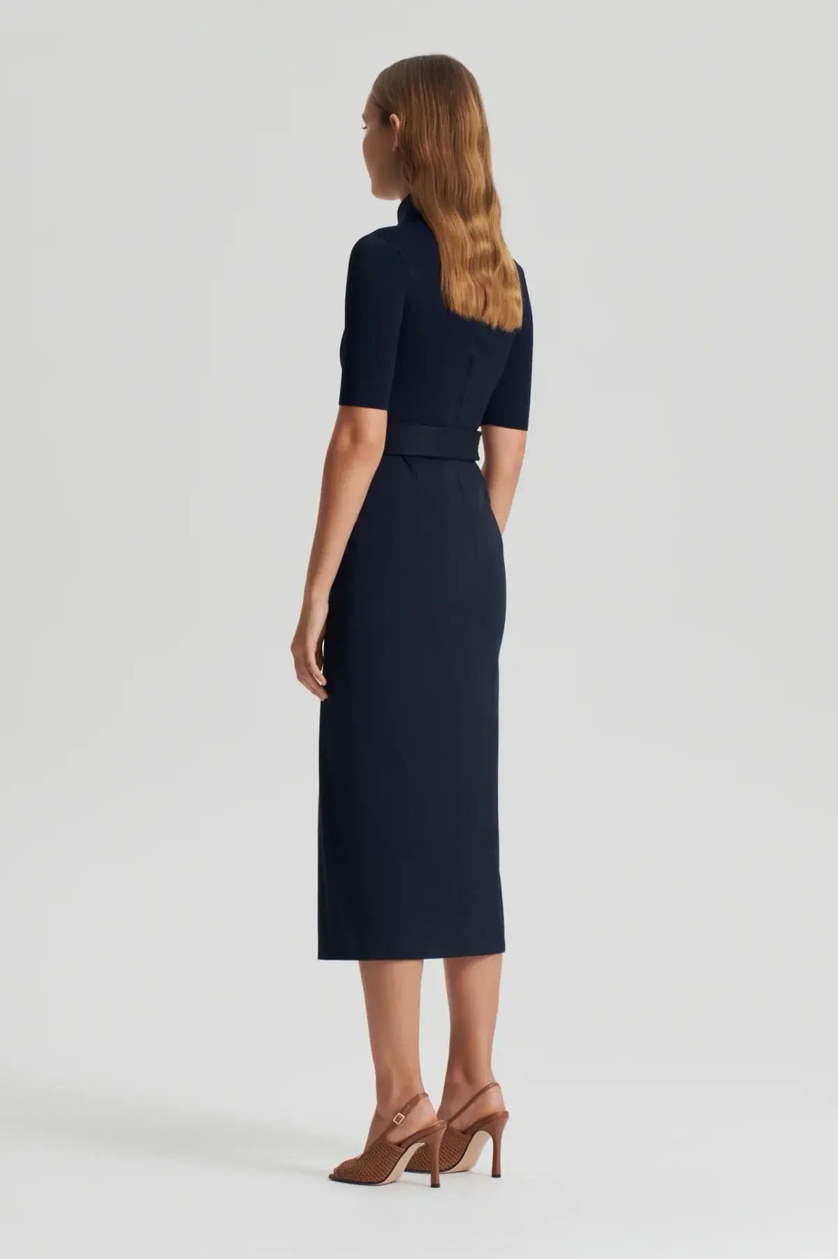 Scanlan Theodore Crepe Knit Pencil Cotton Dress Navy Size 12 photo 3
