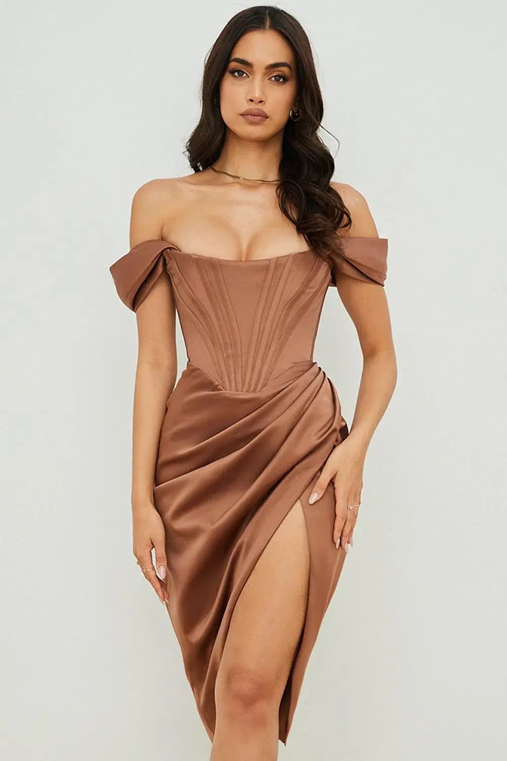 House of CB Loretta Satin Off Shoulder Midi Dress Brown Size XS / Au 6 photo 7