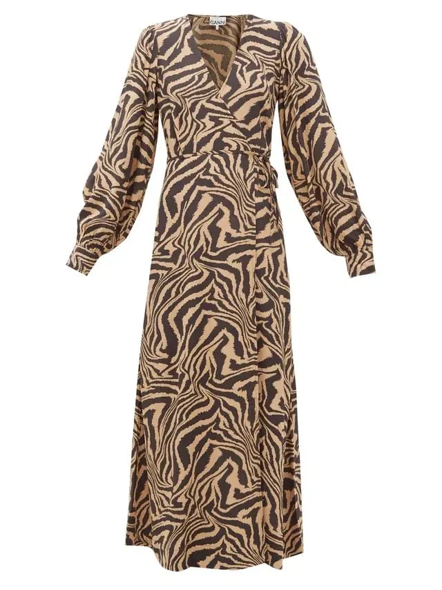 Ganni Zebra Crepe Wrap Dress Brown Print Size 10 photo 2