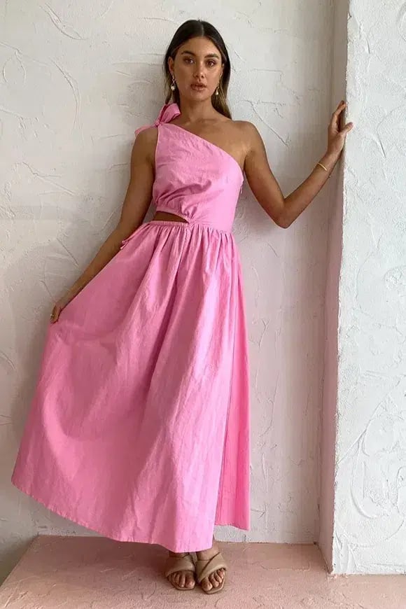 By Nicola Gabriella One Shoulder Midi Dress In Pink Grapefruit Size 12 photo 6