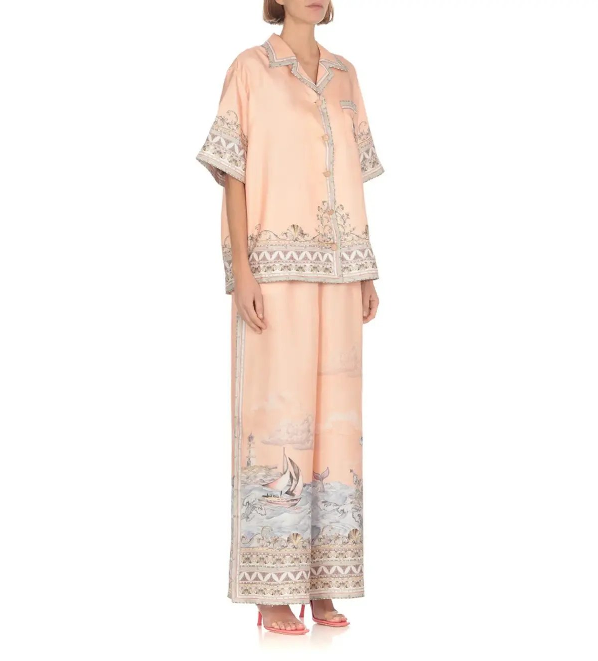Zimmermann High Tide Oversized Silk Shirt and Trouser Set Pink Print Size 0P photo 3