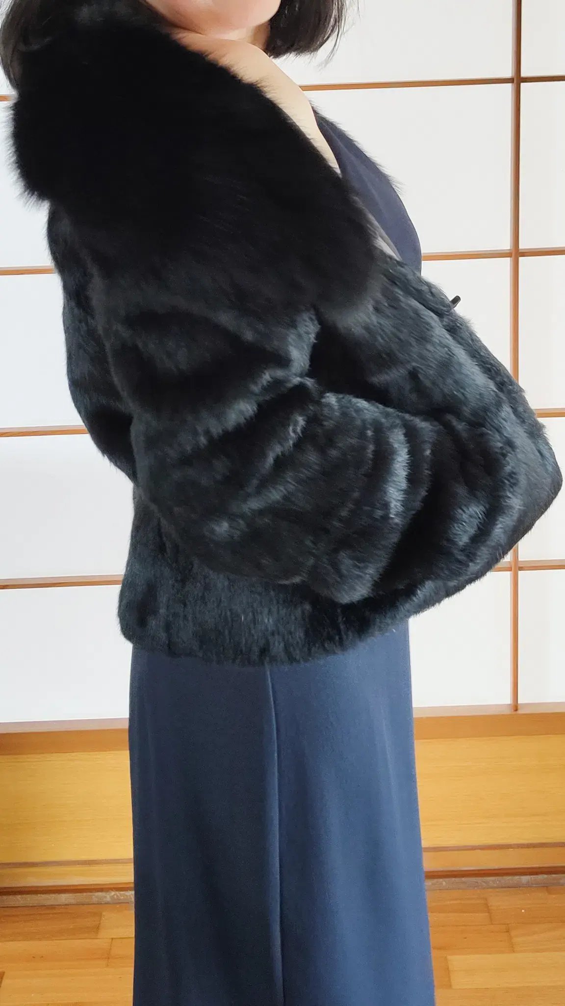 Black Genuine Rabbit Fur Jacket with Fox Collar in Small / AU 8 photo 6