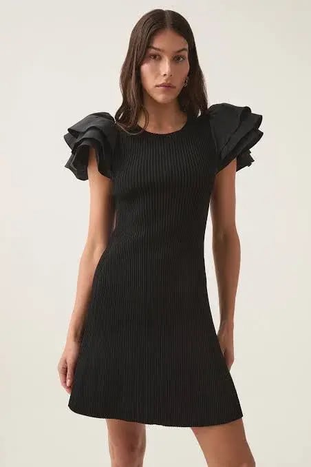 Aje Black Questa Puff Ruffle Sleeve Mini Dress | Size M photo 3