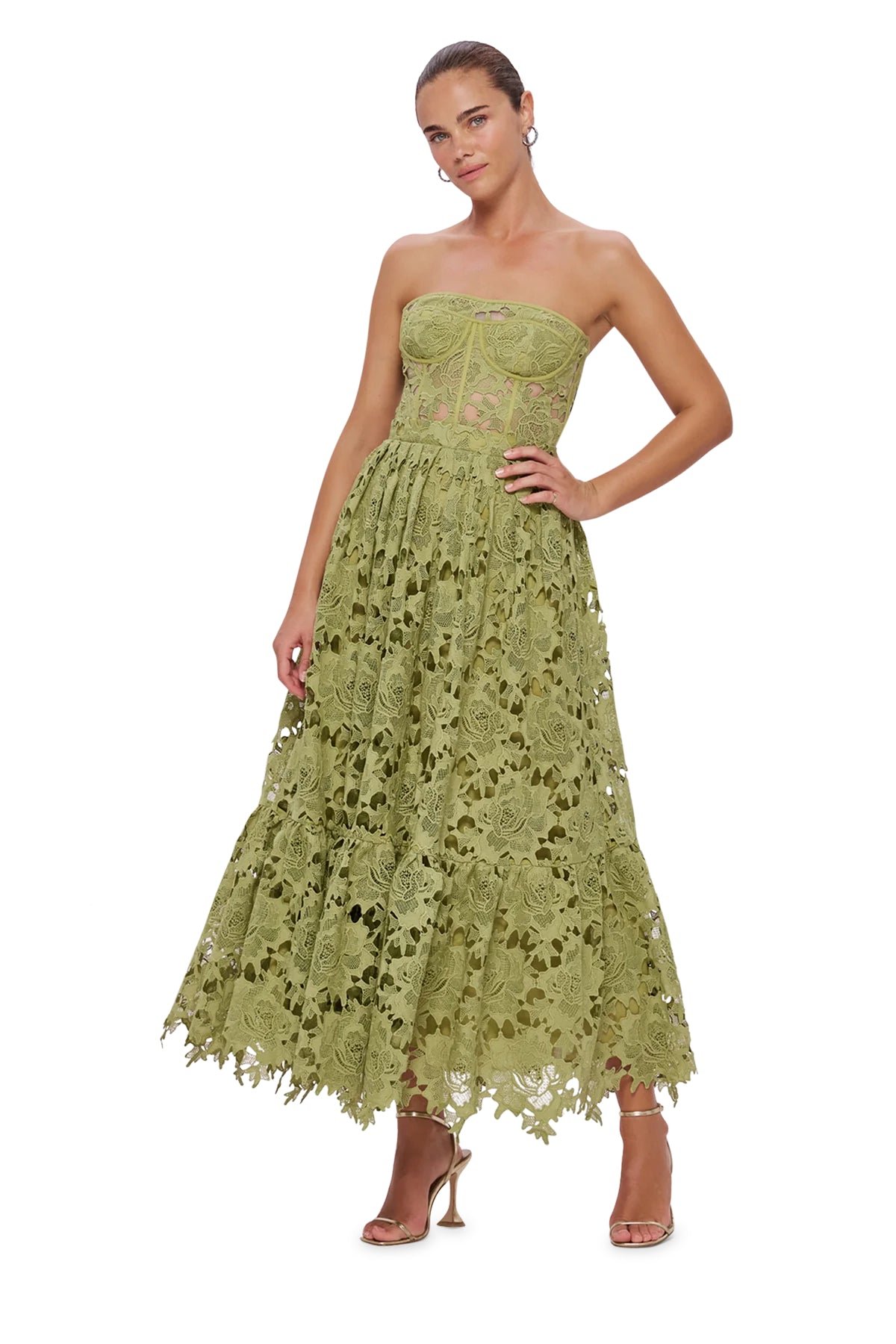 LEO LIN EMILIA LACE BUSTIER MIDI DRESS - OLIVE photo 6