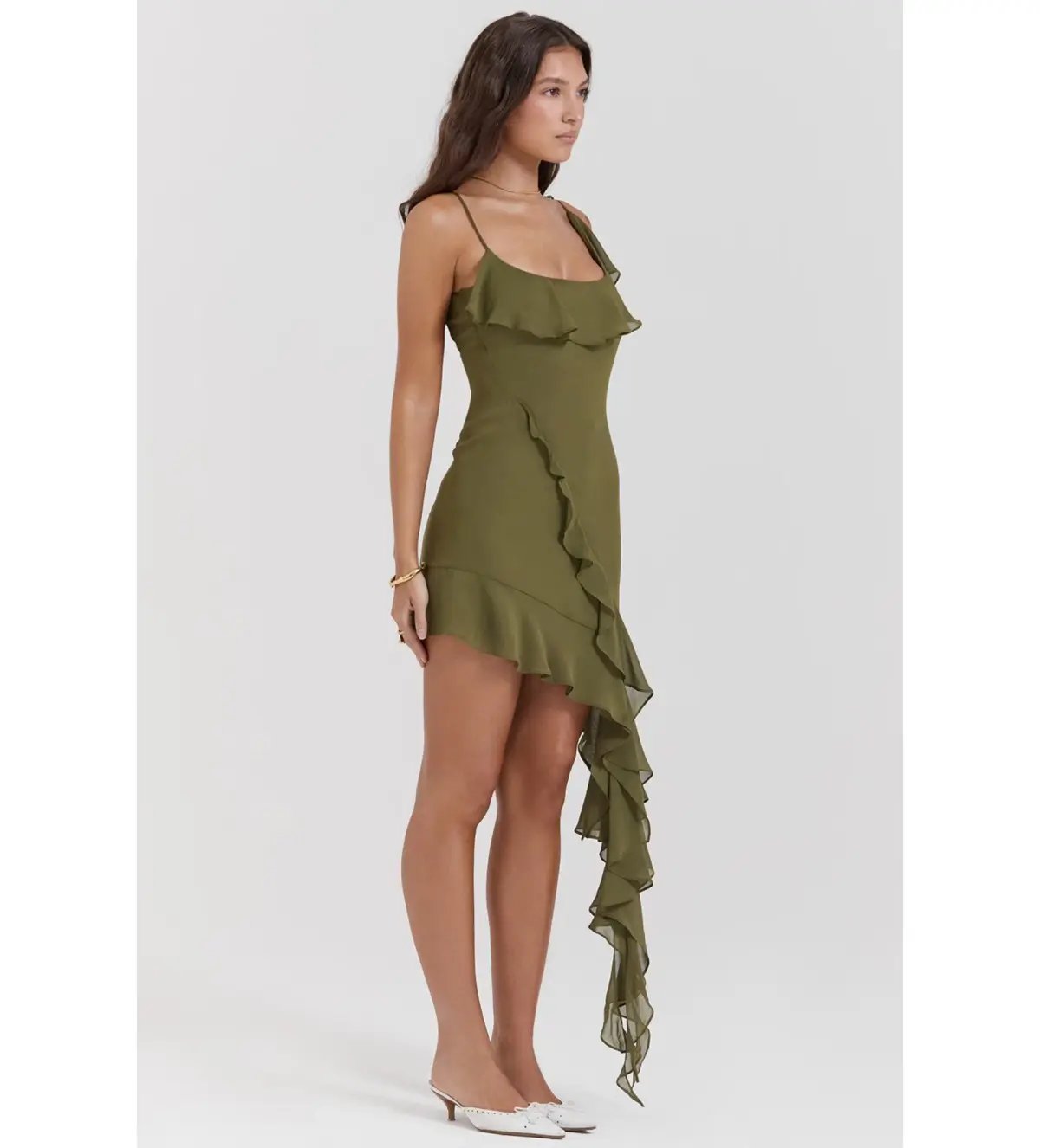 House of CB Marcia Ruffle Mini Dress Olive Size XS/AU 6 photo 2