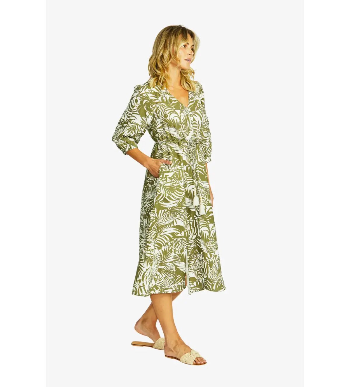 Ping Pong Flora V-Neck Button Midi Dress in Green Size 10/M photo 3
