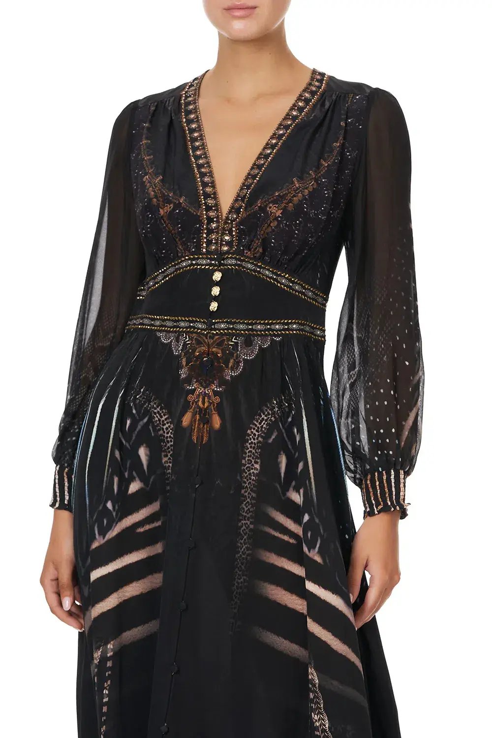 CAMILLA Silk Maxi Dress With Shaped Waistband Black Size S/Au 10 photo 4