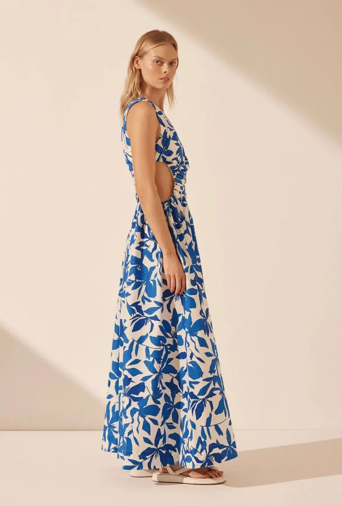 Shona Joy Bleue Asymmetrical Cut Out Maxi Dress Ivory/Aqua Print Size 12 photo 5
