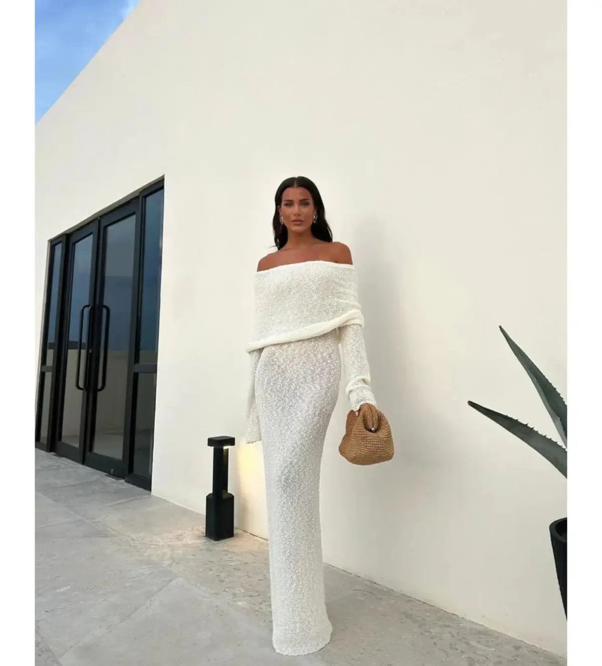 MESHKI Marisol Off Shoulder Boucle Maxi Dress Ivory Size M AU 10 photo 2
