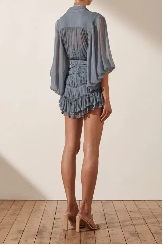 Shona Joy Kayla Button Up Ruched Mini Dress Blue Smoke Size 10 photo 4