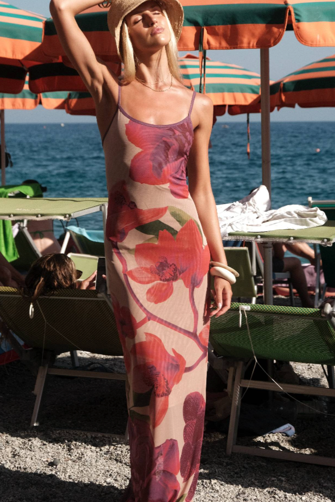 WITH HARPER LU Mesh Fuschia Bloom Slip Dress photo 2