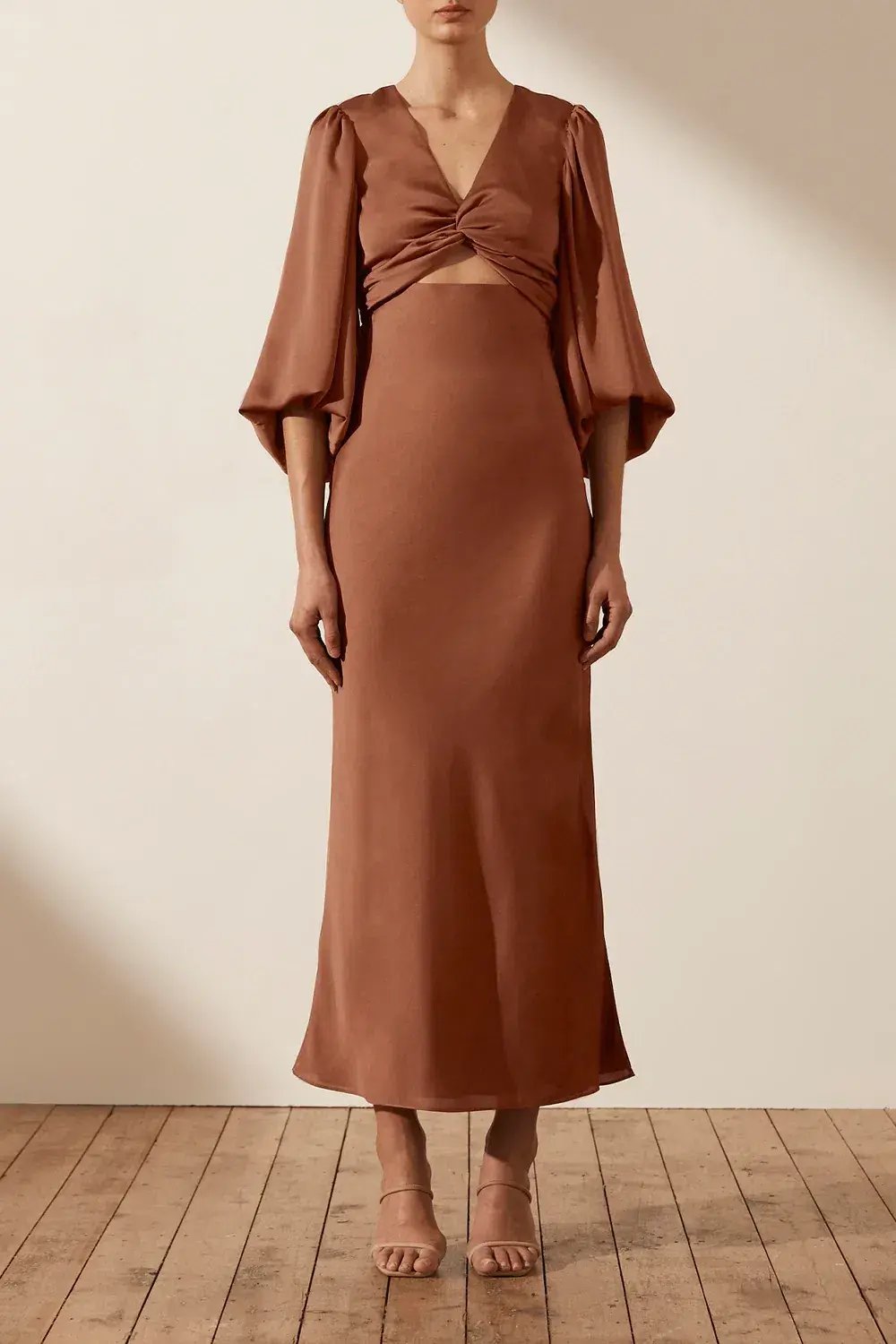 Shona Joy Luxe Twist Front Balloon Sleeve Midi Dress Brown Size 6 / XS photo 2