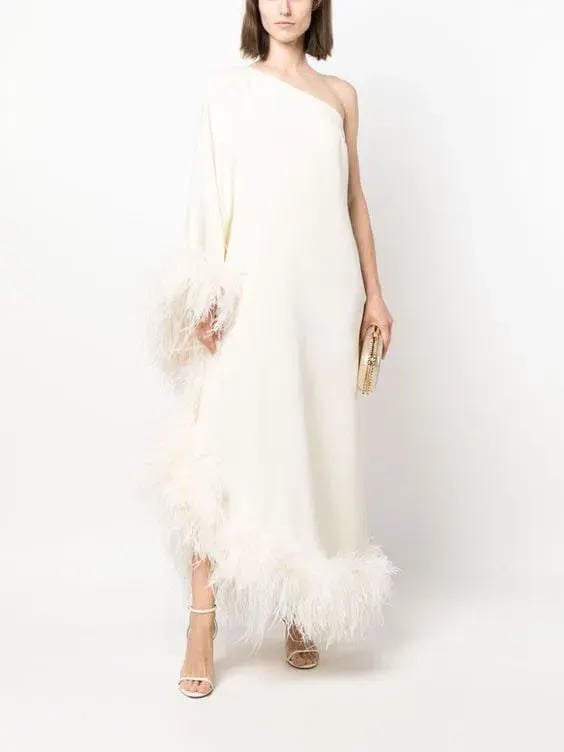 Taller Marmo Ubud One Shoulder Feather Trimmed Crepe Maxi Dress Ivory Size 38 / AU 6 photo 6