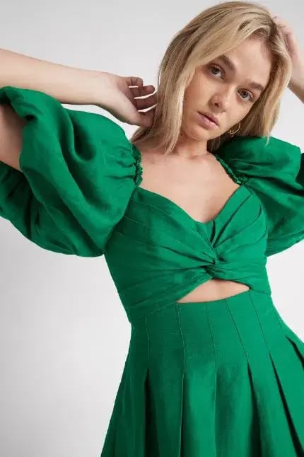 Aje Dusk Knot Puff Sleeve Mini Dress Emerald Green Size 10 photo 2