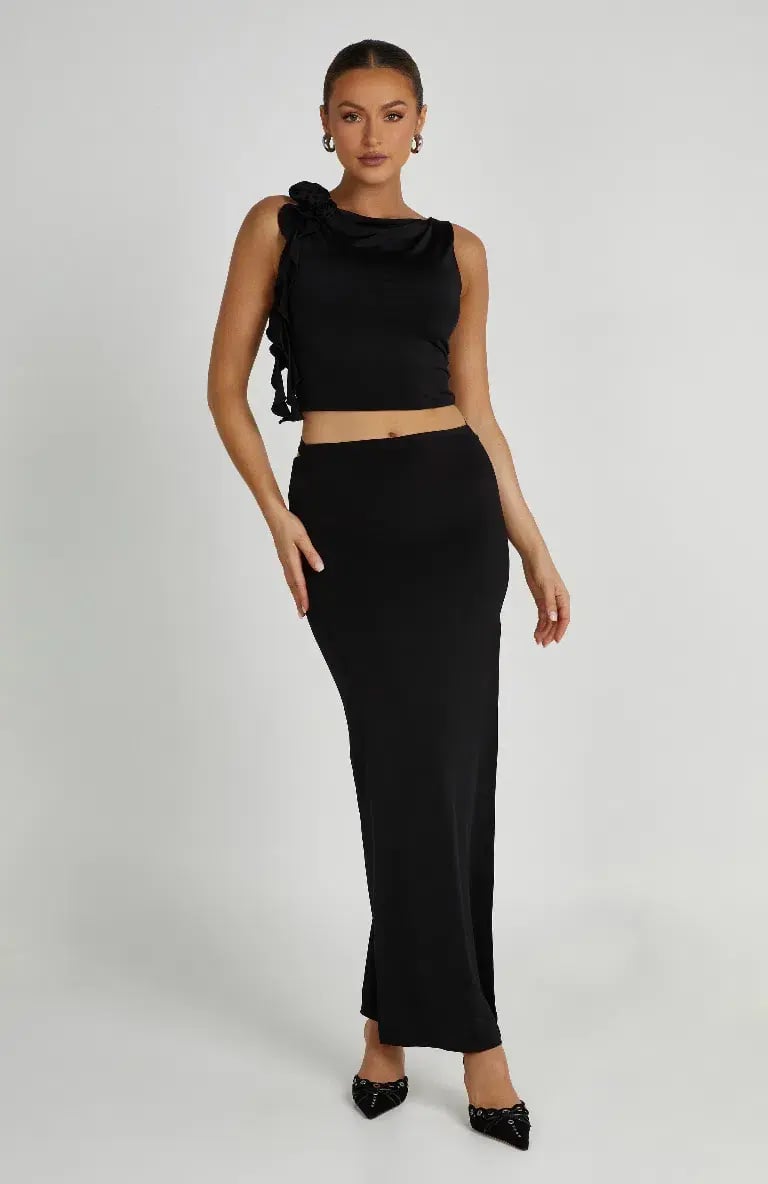 Meshki Jeanine Cowl Back Maxi Skirt and Top Set Black Size 6 photo 2