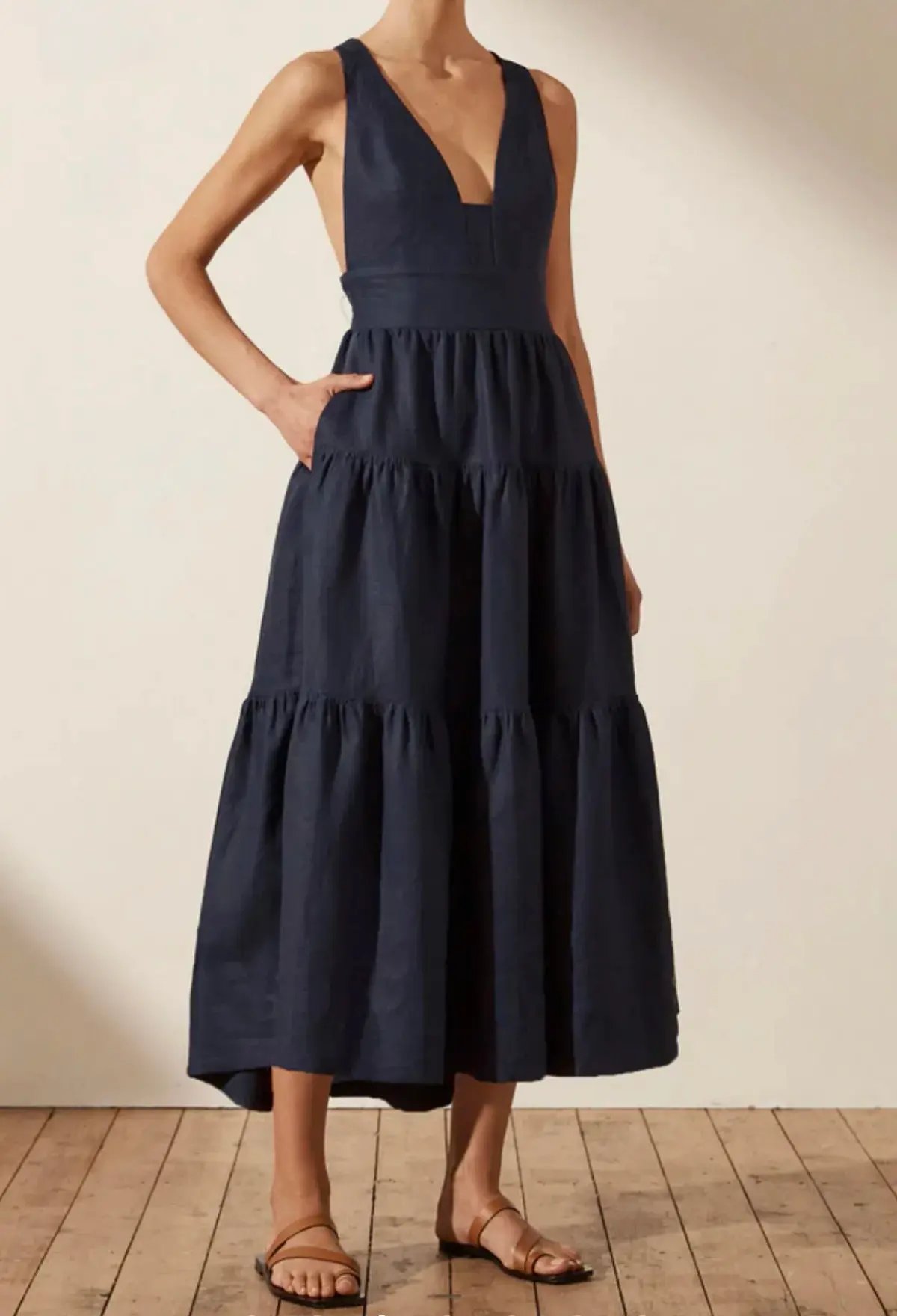 Shona Joy LIGIA LINEN PLUNGED CROSS BACK MIDI DRESS - NAVY photo 3