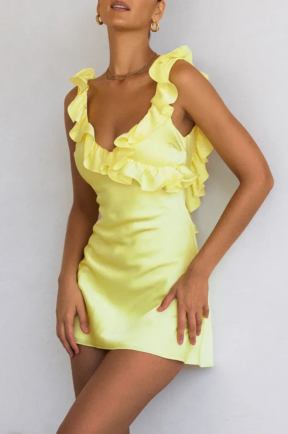 House of CB Tink  Satin Ruffle Mini Dress Buttercup Size 8 photo 3