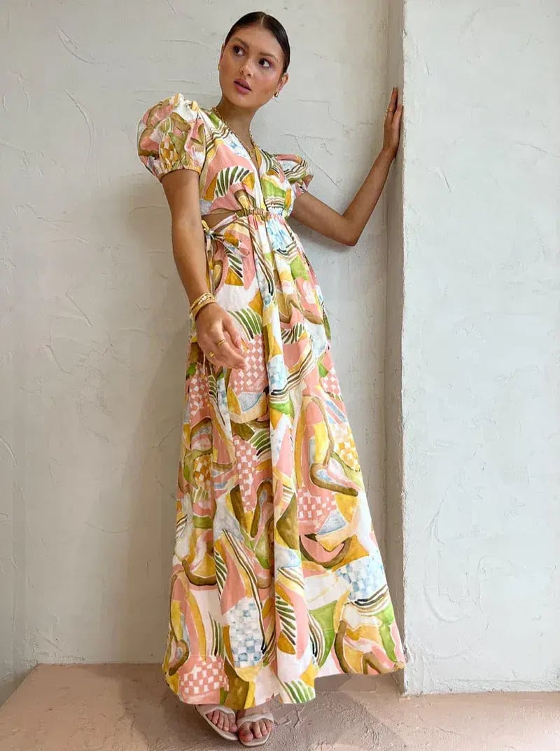 By Nicola Ahoy Plunge Neckline Maxi Dress in Swirl Check Size 10 photo 3