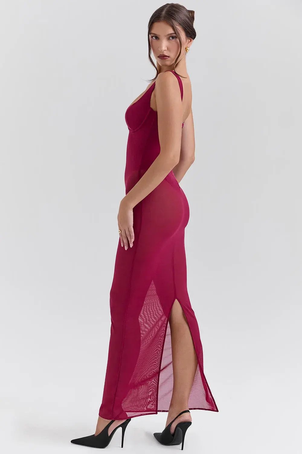 House of CB ROBINA Wine Stretch Mesh Maxi Dress in Burgundy  size AU 6 photo 3