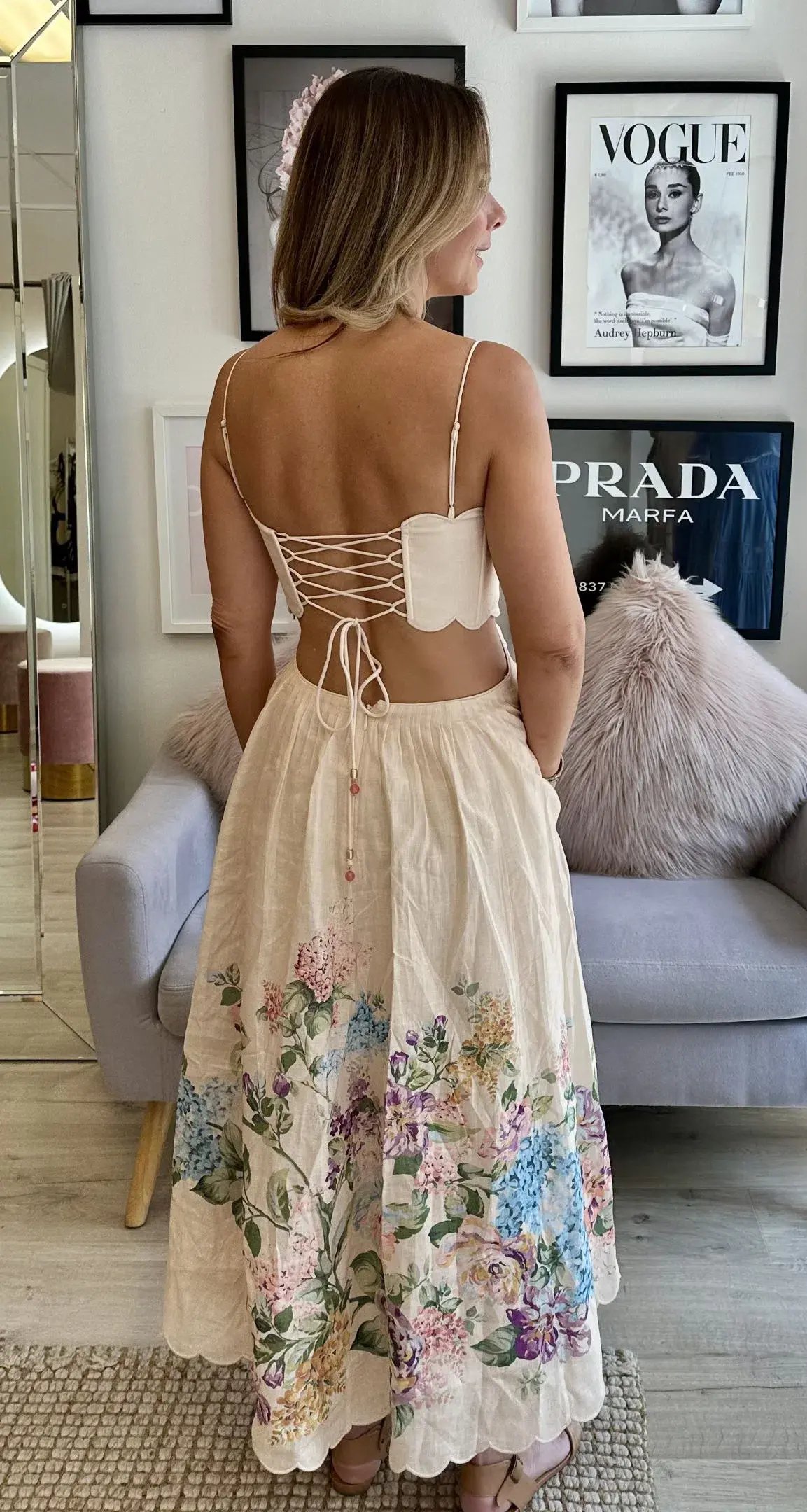 Zimmermann Halliday Scallop Midi Dress Cream Watercolour Floral Size 1 / AU 10 photo 4