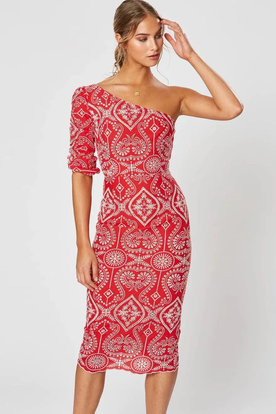 Winona Leila One Shoulder Midi Dress Red Size 10 photo 2
