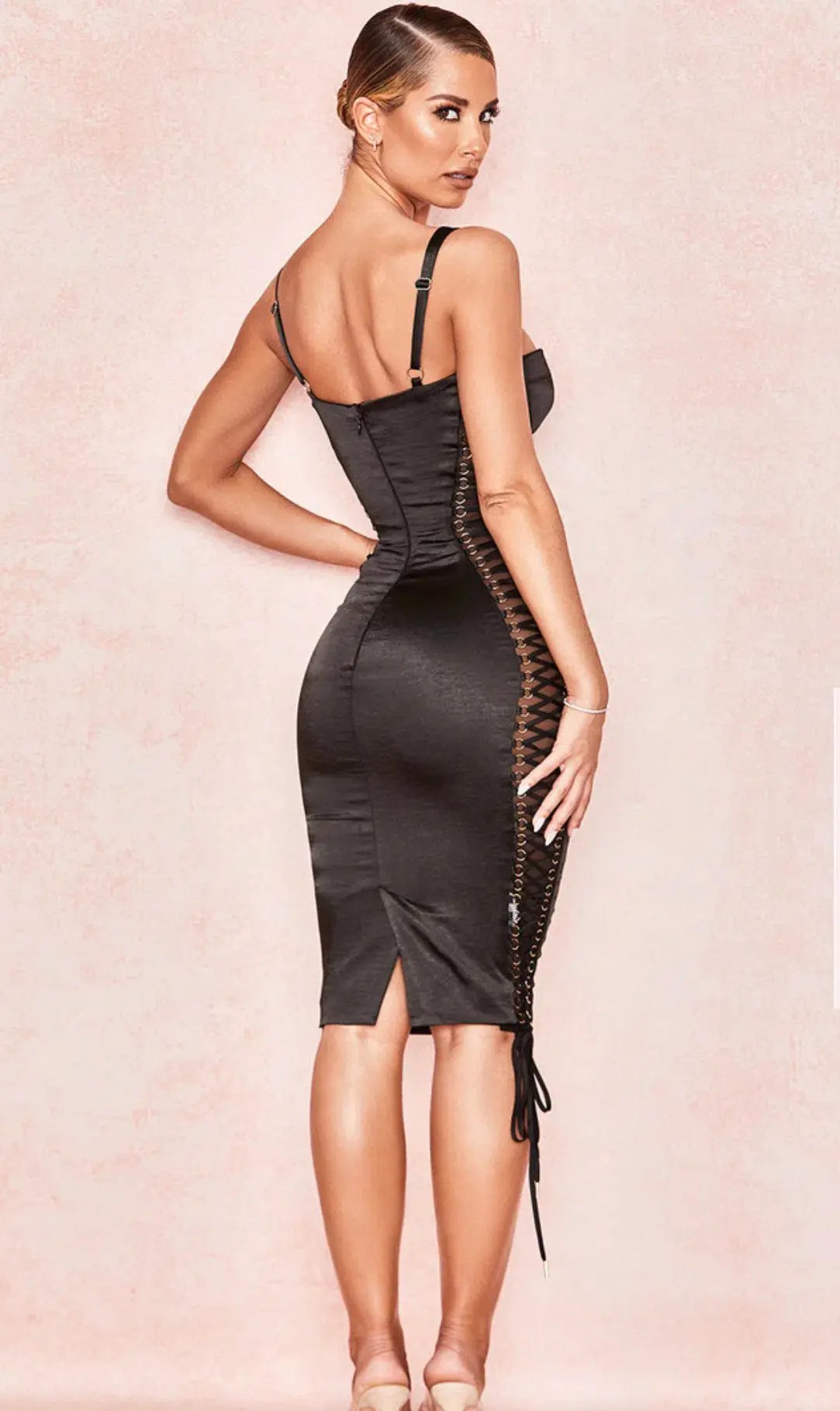 House of CB Angelina Satin Lace Up Corset Dress Black Size 8 photo 3