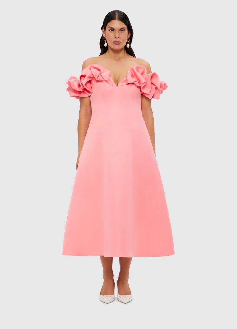 Leo Lin Annie Off Shoulder Frill Midi Dress  - Strawberry Pink photo 3
