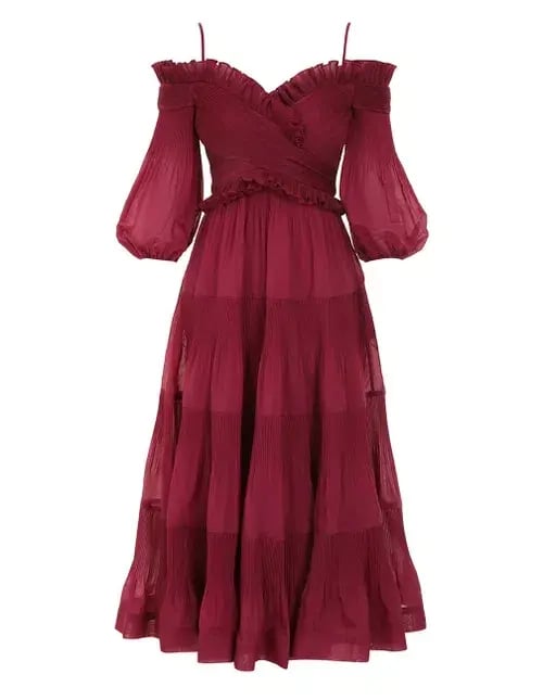 Zimmerman Pleated Off Shoulder Midi Dress in Berry Red Size 0 / AU 8 photo 3